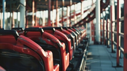 Fototapeta premium Empty red roller coaster cars on the platform of a silent amusement park, evoking memories of past thrills and excitement.