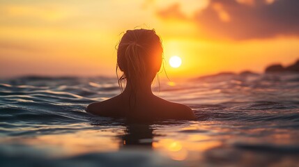Fototapeta premium Woman silhouette in ocean water at sunset.