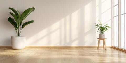 A large white wall with a plant in a white pot on the left side and a small plant in a white pot on the right side
