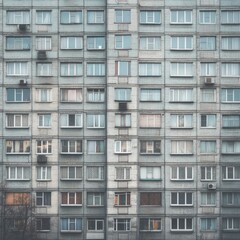 Facade of a Grey Multi-storey Panel building in Russia, Soviet architecture houses