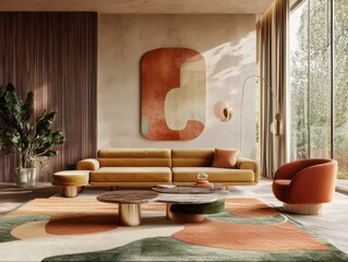A living room with a yellow couch, a coffee table, and a chair. A painting is on the wall