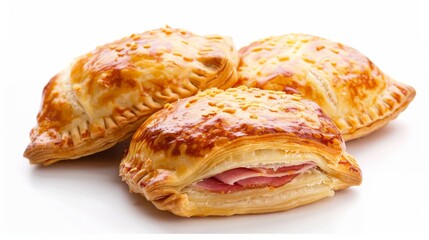 Three golden-brown pastry pockets filled with ham, artfully arranged against a white background, offering a visual delight.