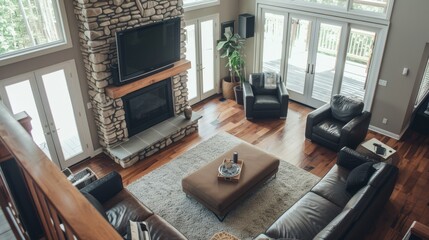 Fototapeta premium A cozy living room with a stone fireplace, large TV, and plush furniture, bathed in natural light from expansive windows, offering a warm, inviting space.