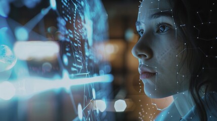 A focused woman's face with futuristic blue digital interfaces overlaying her profile.