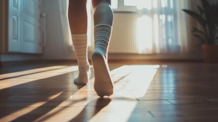 Fototapeta premium The morning sun pours through the window, casting a warm glow on feet clad in cozy white socks as they walk across a wooden floor.