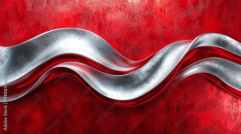 Poster bold red and silver abstract waves on a textured background showcasing vibrant flowing motion and sl