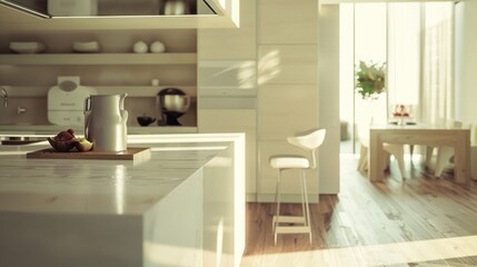 A minimalist kitchen with a marble countertop, modern appliances, and abundant natural light, leading to a dining area set for a cozy meal.