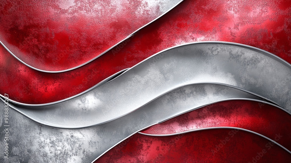 Poster bold red and silver abstract waves on a textured background showcasing vibrant flowing motion and sl
