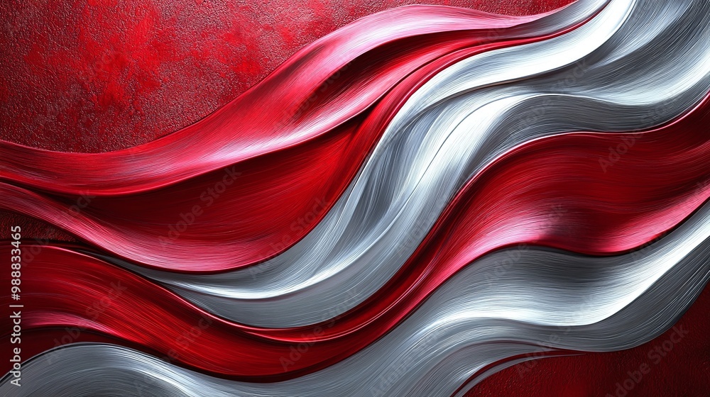 Poster bold red and silver abstract waves on a textured background showcasing vibrant flowing motion and sl
