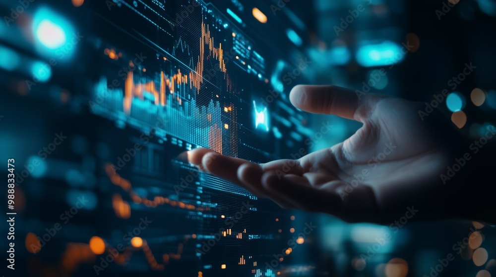 Poster a hand reaching towards a digital interface displaying financial charts and analytics in a high-tech