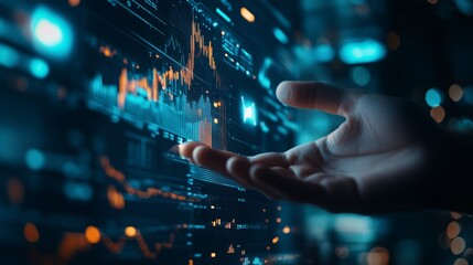 A hand reaching towards a digital interface displaying financial charts and analytics in a high-tech environment