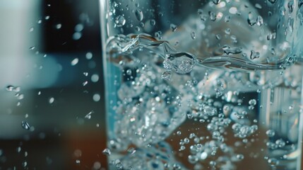 A close-up of a water splash captured in mid-air within a glass, focusing on the intricate details and lively movement of the droplets.