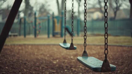an empty playground with swings swaying in the wind, conveying the feeling of absence and missed joy