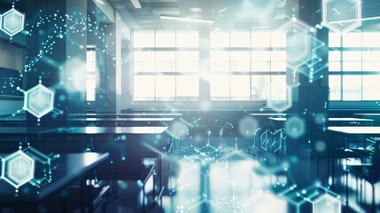 A brightly lit classroom filled with desks and chairs, overlaid with futuristic holographic graphics.