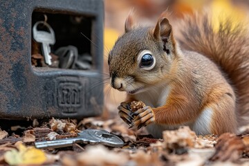 A red squirrel sits on the ground eating a nut with a key in the foreground and a lockbox in the background.