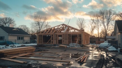 Obraz premium A house under construction at sunset with a partially completed wooden frame, surrounded by building materials and puddles.