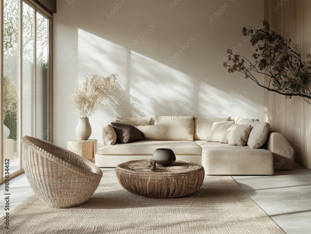 Wall mural a living room with a couch, a coffee table, and a chair. the couch is white and the coffee table is 