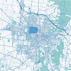Map of Ballarat in Australia in a professional blue style. Contains layered vector with roads water, parks, etc.