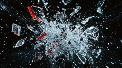 sharp shattered glass fragments bursting dynamically against a black background capturing the chaotic motion of broken shards and debris in an explosive impact