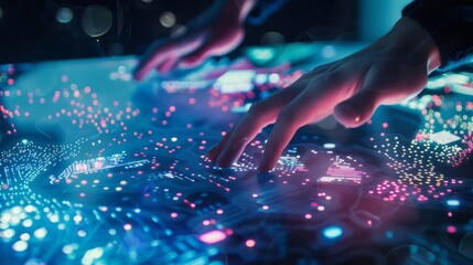 Hands interact with a glowing touch screen interface, navigating through a complex array of illuminated data and holographic visuals.