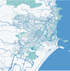 Map of Coffs Harbour in Australia in a professional blue style. Contains layered vector with roads water, parks, etc.