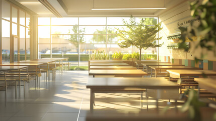 Fototapeta premium Modern School Cafeteria with Sunlight Streaming Through Large Windows