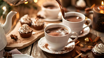 Warm and Cozy Hot Chocolate with Whipped Cream and Chocolate Cupcakes