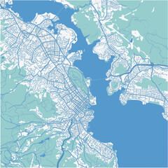 Map of Hobart in Australia in a professional blue style. Contains layered vector with roads water, parks, etc.
