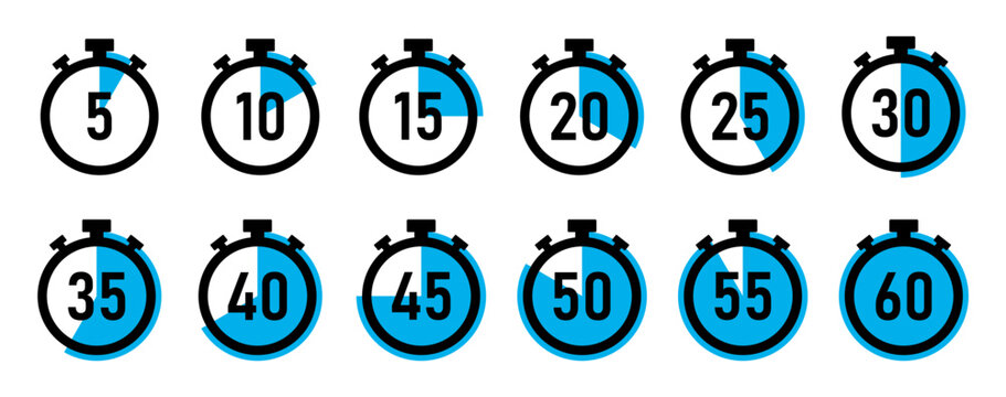 Stopwatch timer countdown clock set with 5 to 60 minutes in blue color on white background. Timer set vector icon collection. 5 minutes timer set. Cooking time vector. Countdown timer symbol set.