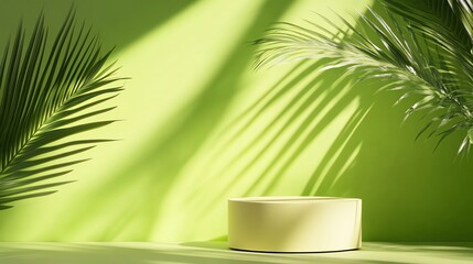 Fototapeta premium A yellow podium against a green background with palm leaves.