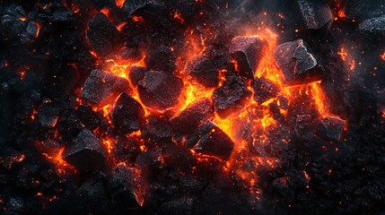 glowing charcoal and embers in vibrant orange-red light showcasing intense heat and energy in the dark ashen coals perfect for themes of fire combustion and radiant power