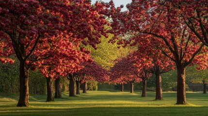 Fototapeta premium A scenic shot of cherry trees in full bloom, their branches heavy with fruit, creating a vibrant contrast between the deep red cherries and the green leaves.