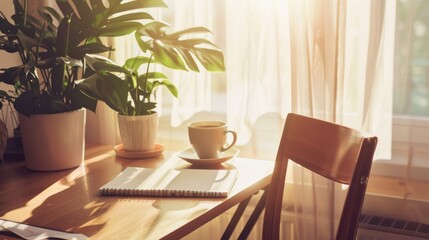 Fototapeta premium A tranquil home office bathed in morning sunlight, featuring a cup of coffee, a notebook, and flourishing plants, promoting a peaceful and productive atmosphere.