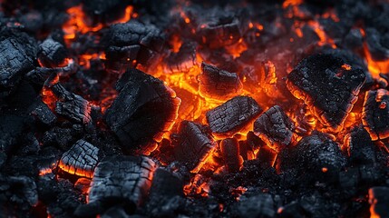 glowing charcoal and embers in vibrant orange-red light showcasing intense heat and energy in the dark ashen coals perfect for themes of fire combustion and radiant power