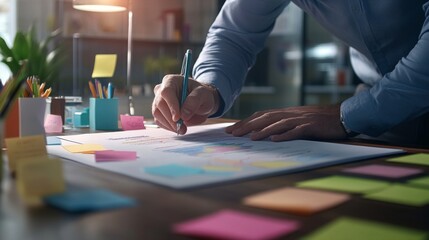 A person is drawing on a large sheet of paper at a desk, surrounded by colorful sticky notes, plants, and a lamp, showcasing a creative workspace.