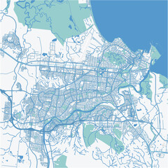 Map of Townsville in Australia in a professional blue style. Contains layered vector with roads water, parks, etc.