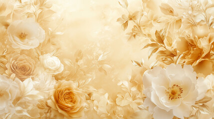 Elegant golden roses and leaves cascade delicately across a soft golden gradient background, creating a luxurious, ornate floral design perfect for invitations, backgrounds, or festive decor.