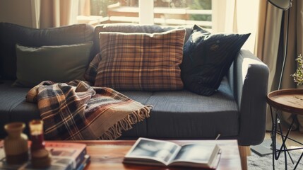 Cozy living room scene with a sofa adorned with plaid pillows and a blanket, bathed in soft natural light, inviting relaxation and comfort.