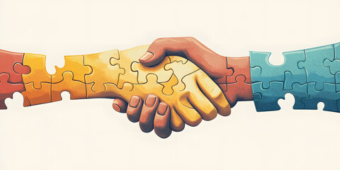 An illustration of a handshake where the hands are puzzle pieces fitting together, symbolizing partnership, teamwork, and collaboration