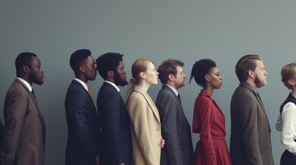 Obraz premium A diverse group of professionals stand in a line against a minimalist background, exuding unity and diversity.