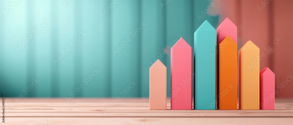 Poster colorful bar graph on wooden surface with soft background