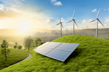 Clean energy solar panel and wind turbine in nature at sunset and city on background.