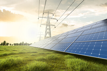 Solar farm and high voltage pole at sunset with nature background