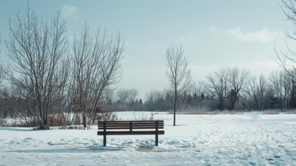 An empty bench sits in a serene, snow-covered landscape beneath a clear winter sky, evoking tranquility and solitude in nature&rsquo;s wintry embrace.