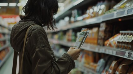 A woman reads a product label in a grocery store aisle, surrounded by shelves stocked with various items, depicting everyday life.