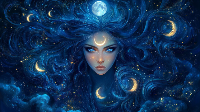 Majestic portrait of a moon priestess with glowing blue eyes and flowing hair, surrounded by celestial lights, evoking mystery and cosmic beauty in a mystical setting.