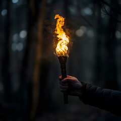 A person holds a flaming torch in a dark forest, illuminating the surroundings with a warm, fiery glow