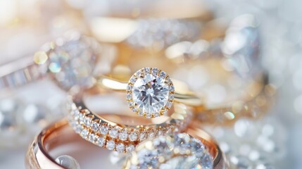 Fototapeta premium Close-up of sparkling diamond rings, beautifully arranged to highlight their brilliance, showcasing luxury and elegance in every facet.