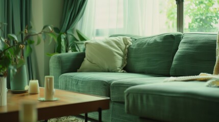 Fototapeta premium A cozy living room with green furnishings, ambient lighting, and houseplants creates a serene and inviting atmosphere.