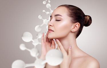 White molecules structure near beautiful sensual woman.